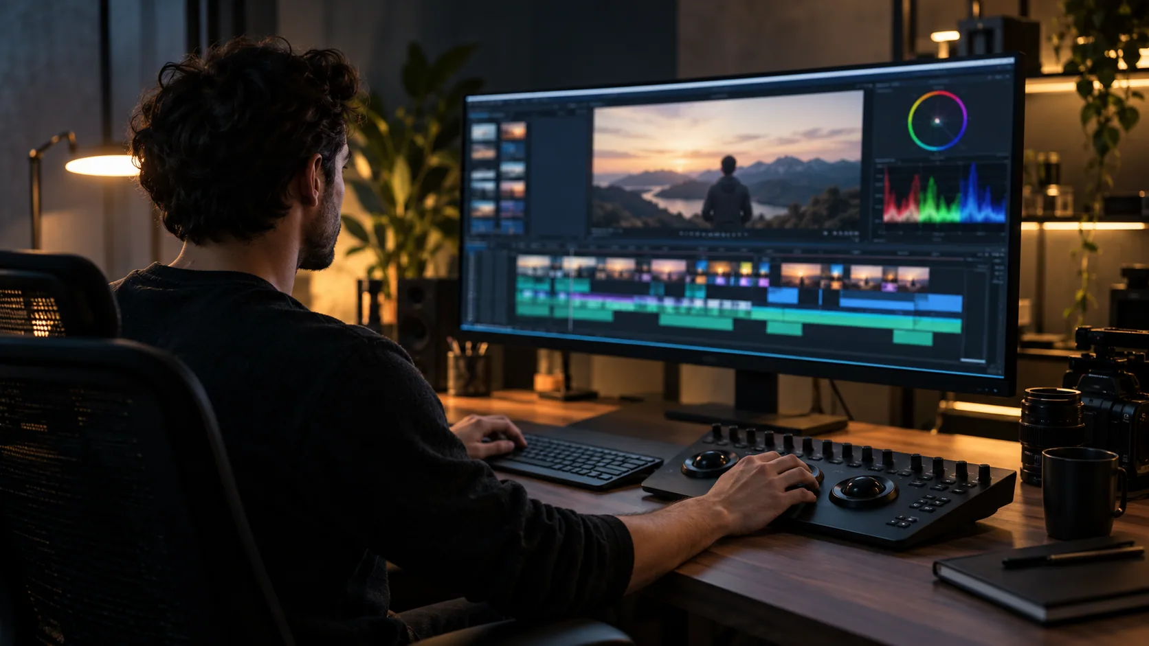 Editor de video trabajando en una secuencia cinematográfica